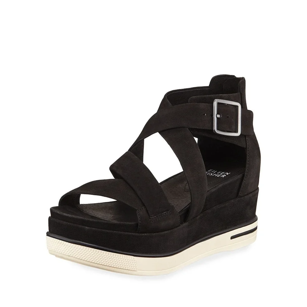 Eileen Fisher Women's Black Boost Platform Wedge Sandals - Size 9.5